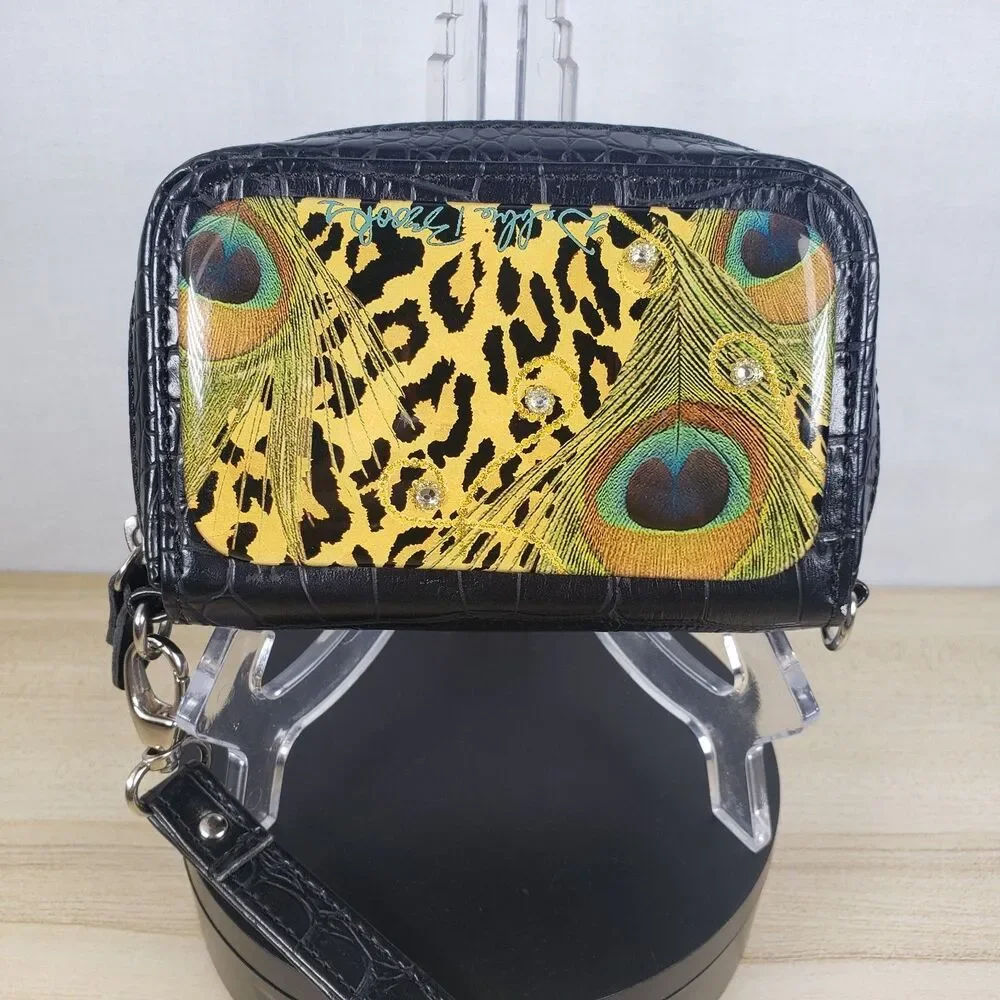 Debbie Brooks Black Peacock Animal Print Rhinestone Wristlet Wallet Phone Case